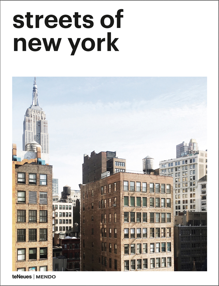 Book cover of Mendo's New York City, with tops of skyscrapers and The Empire State Building. Published by teNeues Books.