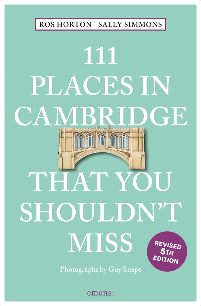 Medieval 'Bridge of Sighs at St John's College, near centre of pale green cover of '111 Places in Cambridge That You Shouldn't Miss', by Emons Verlag.