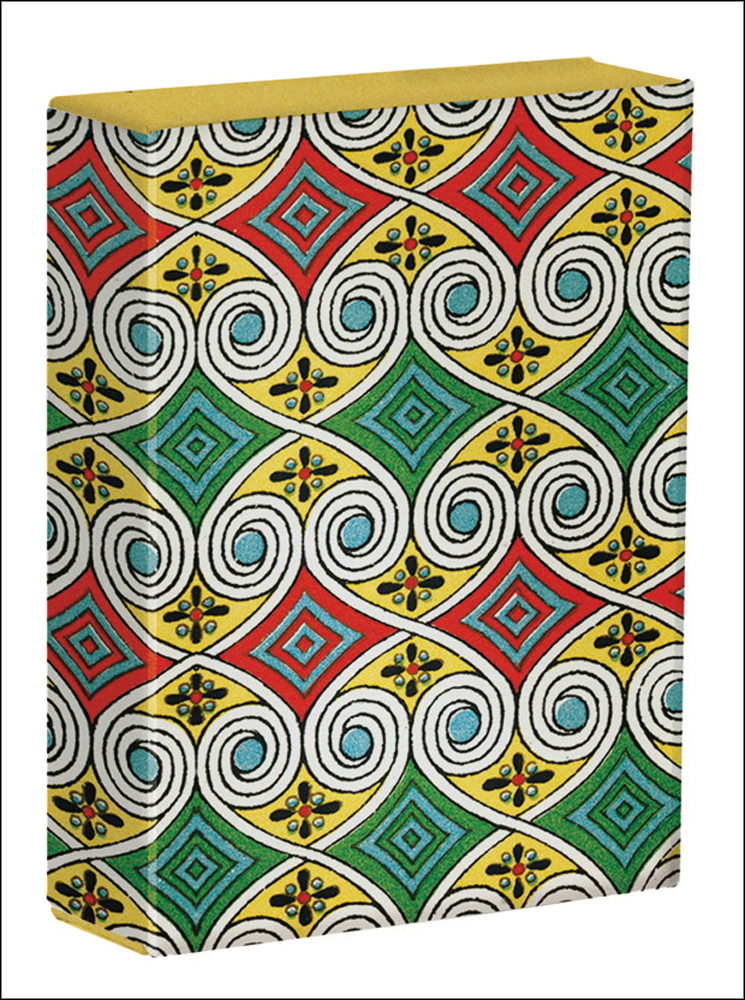 Albert Racinet colour print with yellow, green and red diamond shapes edged with white swirls, covering card box.