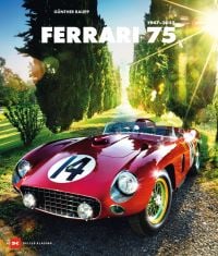 Beautiful cherry red Ferrari 290 MM with racing number 14 on bonnet in front of row of cypress trees, on cover of 'Ferrari 75, 1947-2022', by Delius Klasing Verlag GmbH.