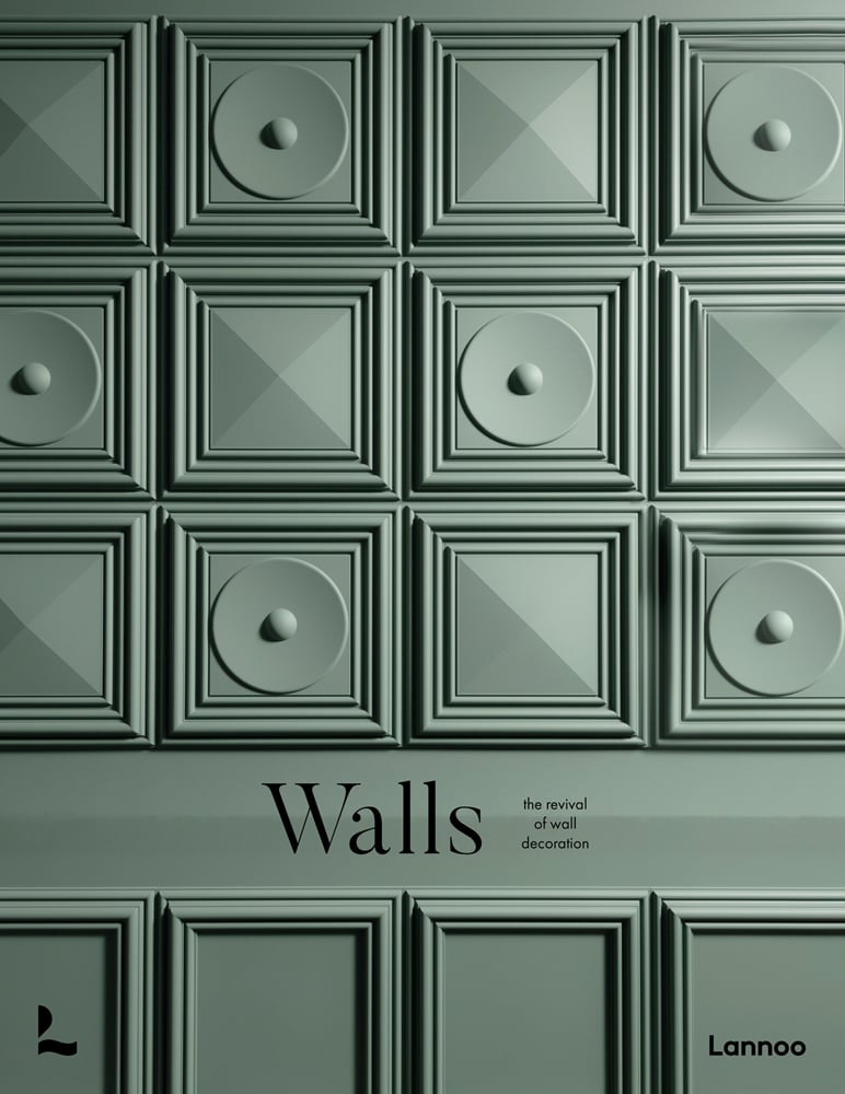 Olive green square panelled wall with circle shapes in alternate squares, on cover of 'Walls, The Revival of Wall Decoration', by Lannoo Publishers.