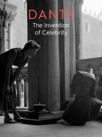 Woman leaning down to view a sculptured bust of man near pillar, on cover of 'Dante The Invention of Celebrity', by Ashmolean Museum.