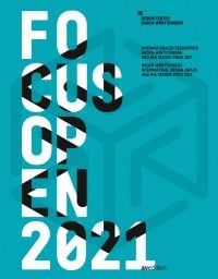 Turquoise cover with darker hexagonal shape on cover of 'Focus Open 2021, Baden-Württemberg International Design Award and Mia Seeger Prize 2021', by Avedition Gmbh.
