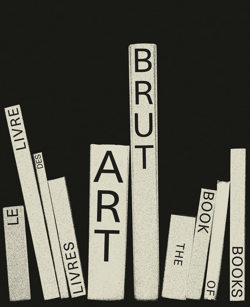 Black book cover of Art Brut. The Book of Books, featuring the spines of a row of books. Published by 5 Continents Editions.