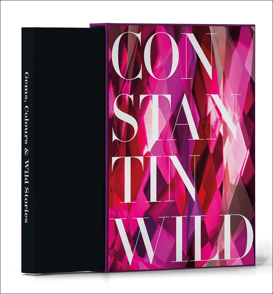 Pink, purple and red kaleidoscope pattern on cover of slipcase from 'Gems, Colours & Wild Stories, 175 Years of Constantin Wild', by Arnoldsche Art Publishers.