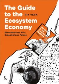 Hand passing book to another hand, on orange cover of 'The Guide to the Ecosystem Economy, Sketchbook for Your Organization’s Future', by Lannoo Publishers.