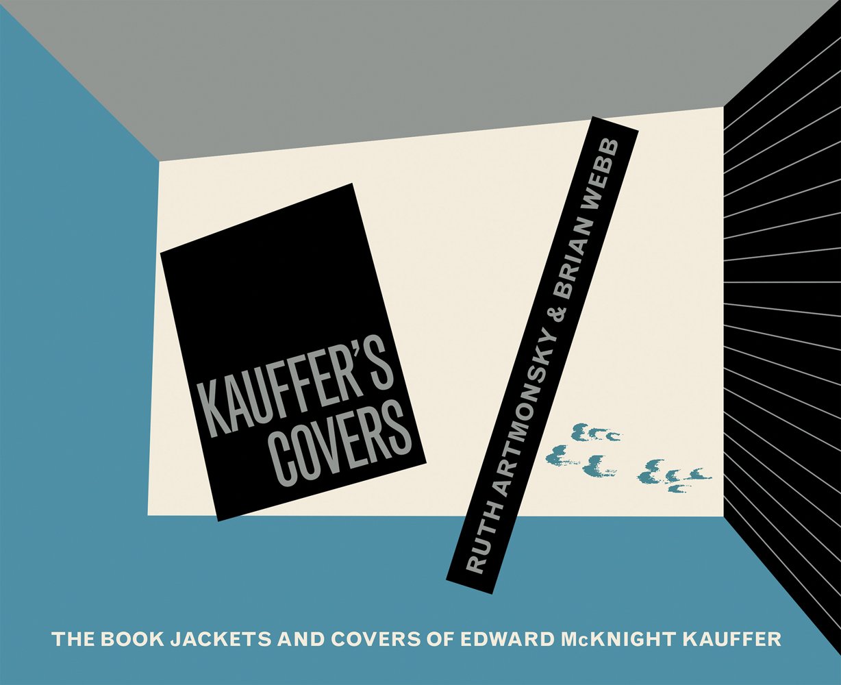 Black, blue and grey graphic cover with Kauffer’s Covers in grey font on black square and The Book Jackets and Covers of Edward McKnight Kauffer in white font below