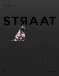 Charcoal cover with small triangular image of smiling face with multicolored patterns on cover of 'STRAAT, Quote from the streets', by Lannoo Publishers.