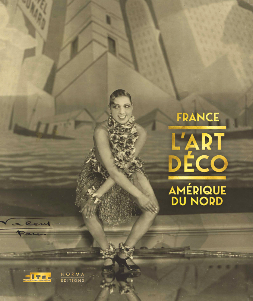 Josephine Baker dancing on stage with architectural backdrop, on cover of 'Art Déco - France Amérique du Nord', by Editions Norma.
