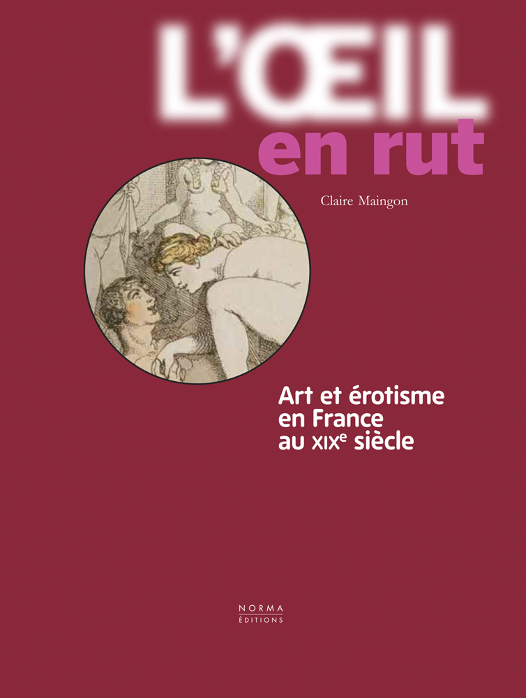 Circle section of erotic drawing with two figures from 19th century, on burgundy cover of 'L'Œil en rut', by Editions Norma.