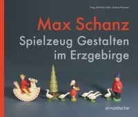 Collection of wooden toys: rocking horse and rider, tree, three geese, two folks, on cover of 'Max Schanz, Spielzeug Gestalten im Erzgebirge', by Arnoldsche Art Publishers.