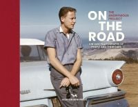 Book cover of On the Road, Vintage photographs of people and their cars, with pale blue American car with fins, male resting against trunk. Published by Hoxton Mini Press.