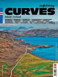 Mountainous landscape with lake and winding road in distance, on cover of 'Curves: Iceland, Volume 16', by Delius Klasing Verlag GmbH.