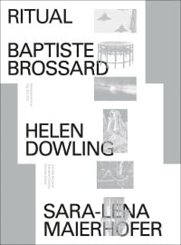 Two fighter jets flying through air, on white and gray cover of 'Ritual, Baptiste Brossard, Helen Dowling, Sara-Lena Maierhofer', by Arnoldsche Art Publishers.