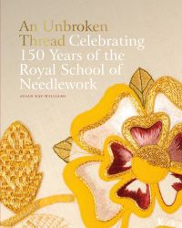Appliqued English rose emblem in gold, cream and burgundy, on beige cover of 'An Unbroken Thread', by ACC Art Books.