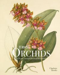Botanical illustration of pink spotted orchid foliage and root, on cream cover of 'RHS Orchids, Charlotte Brooks, by ACC Art Books.