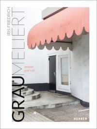 Exterior of building with salmon pink scalloped door overhang, curved steps, on white cover, IRIS FRIEDRICH GRAU MELIERT pepper and salt in grey, black and pink font down left edge.