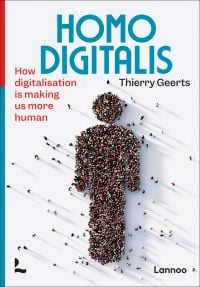 Aerial view of large group of people forming human outline, on white cover of, 'Homo Digitalis, How digitalisation is making us more human', by Lannoo Publishers.