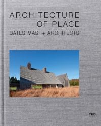 Residential home 'Stony Hill' surrounded by orange grass, on grey linen cover of 'Architecture of Place, 'Bates Masi + Architects, by ORO Editions.