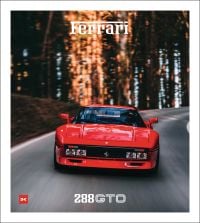 Red Ferrari 288 GTO driving on forest road, on cover of 'Ferrari 288 GTO', by Delius Klasing Verlag GmbH.