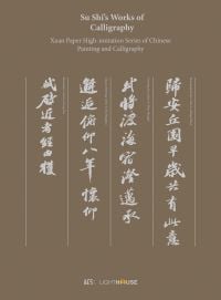 Chinese calligraphy in pale grey font, down brown cover of 'Su Shi’s Works of Calligraphy, Xuan Paper High-imitation Series of Chinese Painting and Calligraphy', by Artpower International.