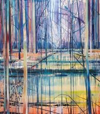 Colourful painting of forest with strong vertical lines, by Theresa Möller.