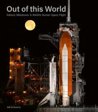 The illuminated Space Shuttle Endeavour STS-134 on launch pad, in 2011, under black sky with bright full moon, on cover of 'Out of This World', by ACC Art Books.