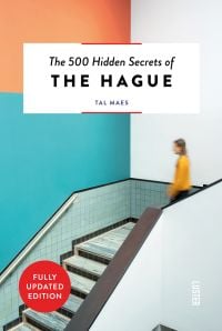 Figure walking down stairwell, on cover of 'The 500 Hidden Secrets of The Hague', by Luster Publishing.