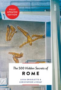 Painting of swimmers diving, next to diving springboard, on cover of 'The 500 Hidden Secrets of Rome', by Luster Publishing.