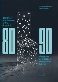 Clear perspex chair with white dots, in exhibition space, on cover of designers of 'Designers and Creators of the '80s - '90s, Furniture and Interiors', by Editions Norma.