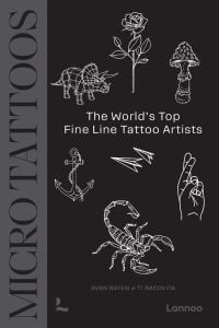 White, fine line tattoo designs of rhino, rose, anchor, mushroom, scorpion, on black cover of 'Micro Tattoos', by Lannoo Publishers.