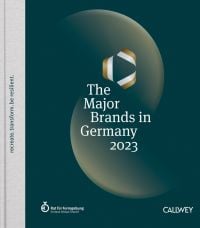 White capitalised font on dark green cover of 'The Major Brands in Germany 2023, recreate. transform. be resilient.', by Callwey.