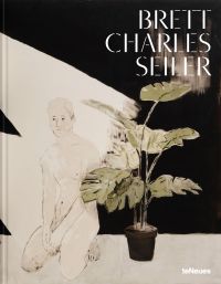 Nude white male kneeing on floor, next to potted house palm tree, 'BRETT CHARLES SEILER', in white font to top right.