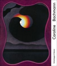 Conceptual painting by Caroline Bachmann, dark sky with orange and blue eye, Caroline Bachmann, in black font to white border at right edge.