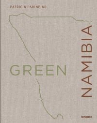Green outline of Namibian coastline, on beige linen cover of 'Green Namibia', by teNeues Books.