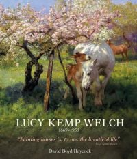 Painting of white horse and brown foal standing in a field, beneath a pink blossom tree, on cover of 'LUCY KEMP-WELCH 1869-1958', by ACC Art Books.