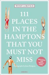 Three swimmers in costumes on pale turquoise of cover of '111 Places in the Hamptons That You Must Not Miss', by Emons Verlag.