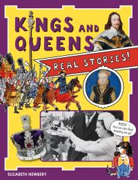 Queen Elizabeth II placing crown on the head of Charles, William the Conqueror above, on cover of 'KINGS AND QUEENS', by Scala Arts.