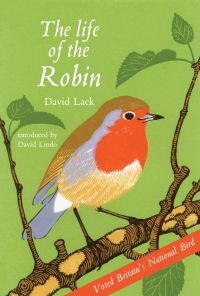 Red robin perched on tree branch, on cover 'The Life of the Robin', by Pallas Athene.