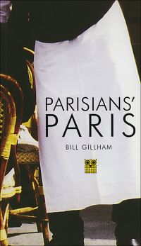 Lower half of Parisian waiter in long white apron, 'PARISIANS' PARIS', in black font to centre right.