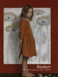 Oil painting 'An Unsatisfying Ending, 2021', by Mark Pugh, girl holding book behind her back, sunflowers in background, on cover of 'International Realism' by ACC Art Books.