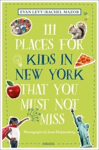 Apple, pizza slice, Statue of Liberty, on lime green cover of '111 Places for Kids in New York That You Must Not Miss', by Emons Verlag.