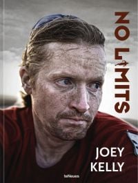 Extreme athlete Joey Kelly with dirty, sweaty face, on cover of 'No Limits, 7 Continents. 100,000 Kilometers. 100 Challenges', by teNeues Books.
