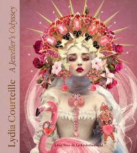 Porcelain skinned female model adorned with bold pink jewelled earrings and brooches, on cover of 'Lydia Courteille, A Jeweller’s Odyssey', by ACC Art Books.
