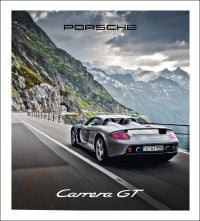 Book cover of Porsche Carrera GT, with a grey sportscar driving on roads around mountainous landscape. Published by Delius Klasing Verlag GmbH.