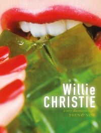 Close-up of mouth of Vogue model Marcie Hunt wearing red lipstick, biting on lime green jelly cubes, on cover of 'Willie Christie, by ACC Art Books.