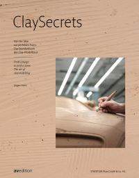 Hand using carving tool draw into clay surface, on cover of 'Clay Secrets, From concept to perfect form: The art of clay modelling', by Avedition.