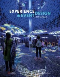 Exhibition space with people looking up at blue lights and umbrellas, on cover of 'Experience & Event Design 2023 / 2024', by Avedition.