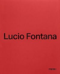 Red catalog cover, 'Lucio Fontana', in black font to center, by Forma Edizioni