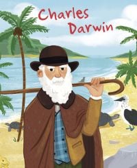 Book cover of Charles Darwin from the Genius series, with the English naturalist in brown hat and coat, holding walking stick over shoulders, standing on a beach. Published by White Star.